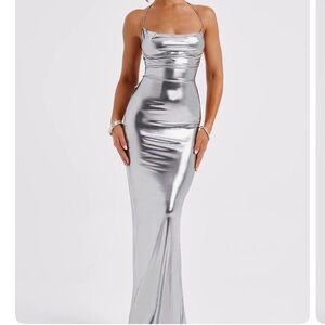 Silver Asymmetrical Ruched Strapless Maxi Dress never worn